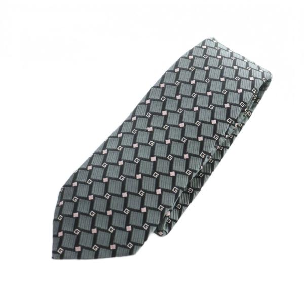 グッチ GUCCI ネクタイ 絹 シルク 総柄 レギュラータイ ロゴ グレー 黒 ブラック ■GY1...