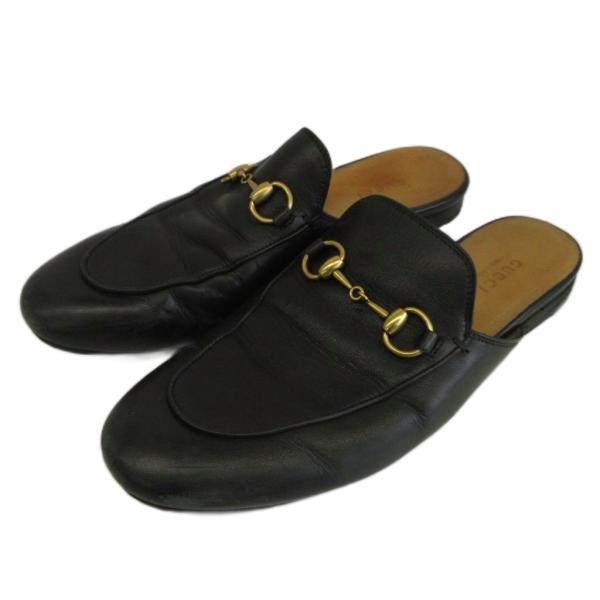 グッチ GUCCI プリンスタウン ミュール スリッパ レザー フラット ホースビット ゴールド金具...