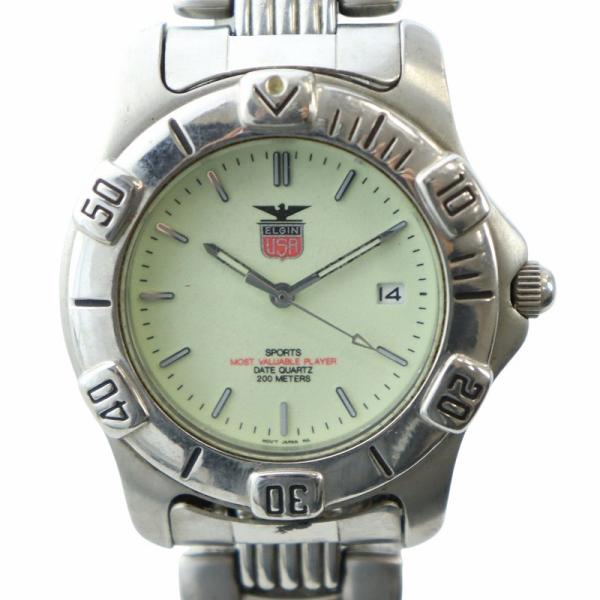 エルジン ELGIN  ジャンク品 腕時計 ウォッチ クォーツ カレンダー付き ラウンド ロゴ シル...