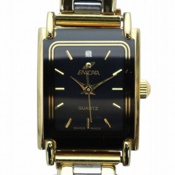 エニカ ENICAR 腕時計 ウォッチ クォーツ 黒文字盤 スクエア ロゴ ゴールド色 シルバー色 ...
