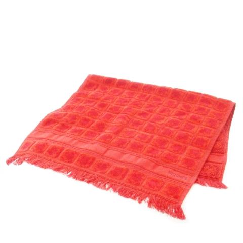 エルメス HERMES フェイスタオル パイル ベロア タイル柄 スクエア柄 フリンジ ロゴ刺繍 朱...