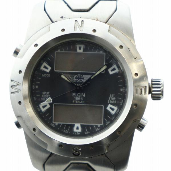 エルジン ELGIN  ジャンク品 腕時計 ウォッチ アナデジ ロゴ 多機能 コンパス ロゴ 黒文字...