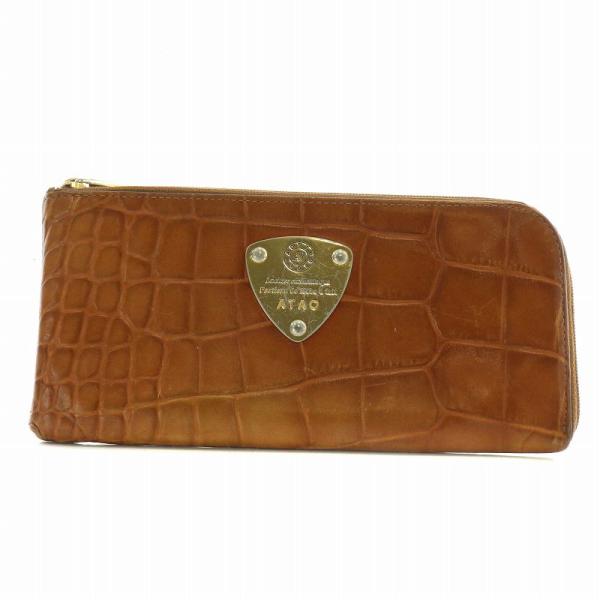 アタオ ATAO 長財布 レザー クロコ型押し L字ファスナー ロゴ ゴールド金具 茶色 ブラウン ...