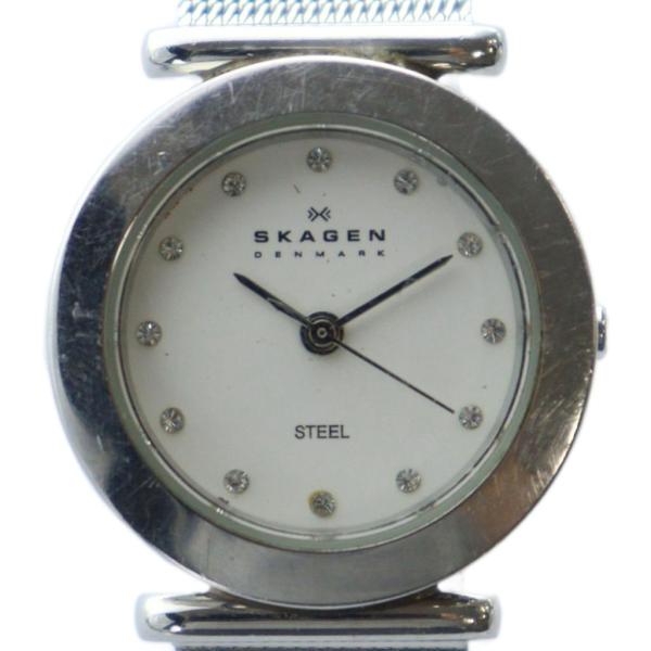 スカーゲン SKAGEN ジャンク品 腕時計 ウォッチ クォーツ 石付き 白文字盤 ロゴ シルバー色...