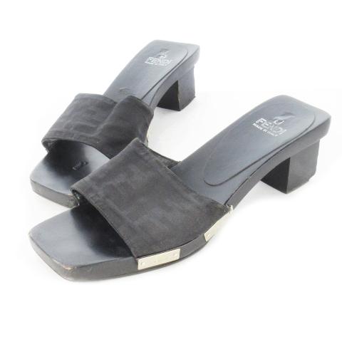 フェンディ FENDI ミュール サンダル 下駄 ウッド キャンバス ズッカ柄 ロゴ 38 24.5...