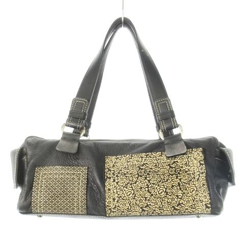 古都印伝 ハンドバッグ ミニボストン レザー 革 ディアスキン 鹿革 漆 花柄 黒 ブラック /CK...