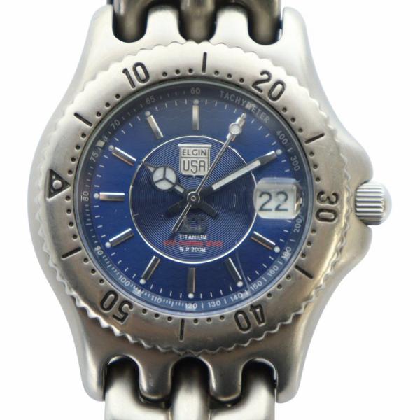 エルジン ELGIN  腕時計 ウォッチ 自動巻き カレンダー付き 青文字盤 ロゴ 裏スケルトン シ...