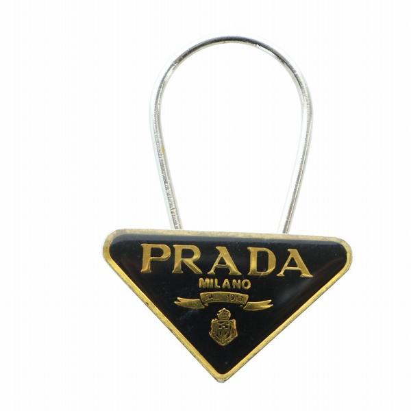 プラダ PRADA キーリング チャーム 三角プレート ロゴ 黒 ブラック ゴールド色 M285 ■...