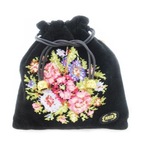 未使用品 フェイラー FEILER 巾着 ポーチ シュニール織り パイル 花柄 ブーケ ロゴ 黒 ブ...