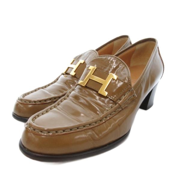 エルメス HERMES コンスタンス ローファー ヒール エナメルレザー 37.5 茶 ブラウン /...