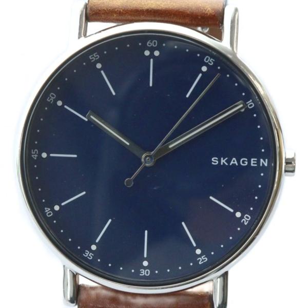 スカーゲン SKAGEN 腕時計 ウォッチ クォーツ 青文字盤 ロゴ レザーベルト シルバー色 SK...