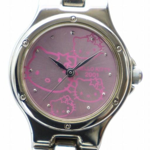 サンリオ ハローキティ 2001年 腕時計 ウォッチ クォーツ ロゴ ピンク文字盤 シルバー色 ■G...