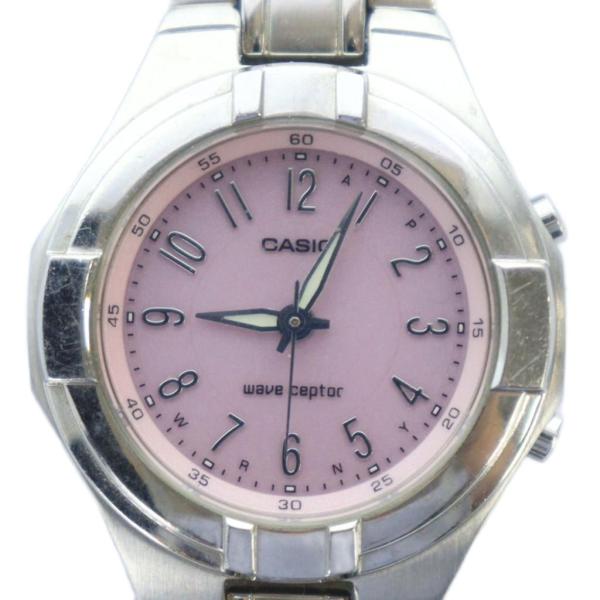 カシオ CASIO ウェーブセプター 腕時計 ウォッチ ソーラー ラウンド ピンク文字盤 ロゴ シル...