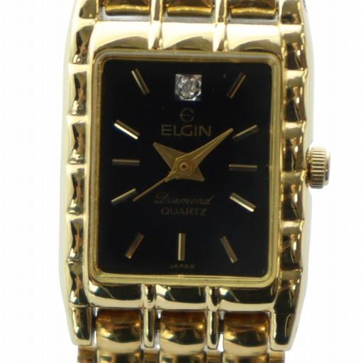 エルジン ELGIN  腕時計 ウォッチ クォーツ 石付き 黒文字盤 ラインストーン ロゴ ゴールド...