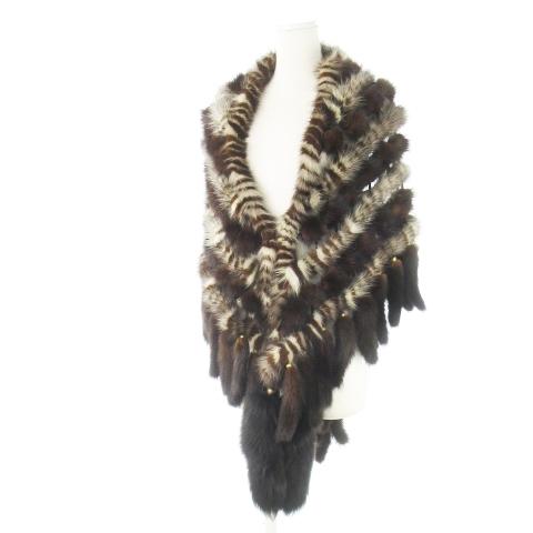 ノーブランド ミンクファーストール 毛皮 タッセル フリンジ ボーダー 和装 茶 ブラウン /CK2...