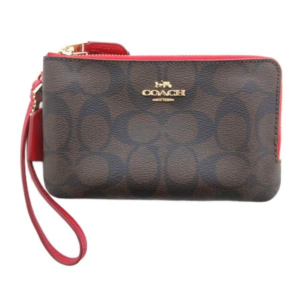 コーチ COACH 美品 ダブル コーナー ジップ リストレット シグネチャー キャンバス 茶 ブラ...