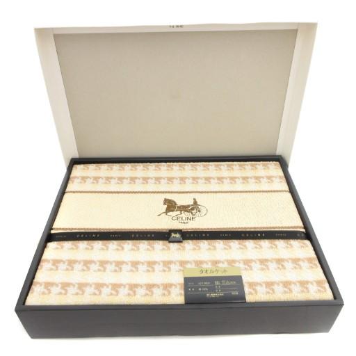 未使用品 セリーヌ CELINE 箱付き タオルケット パイル地 ロゴ刺繍 馬車 総柄 140×19...