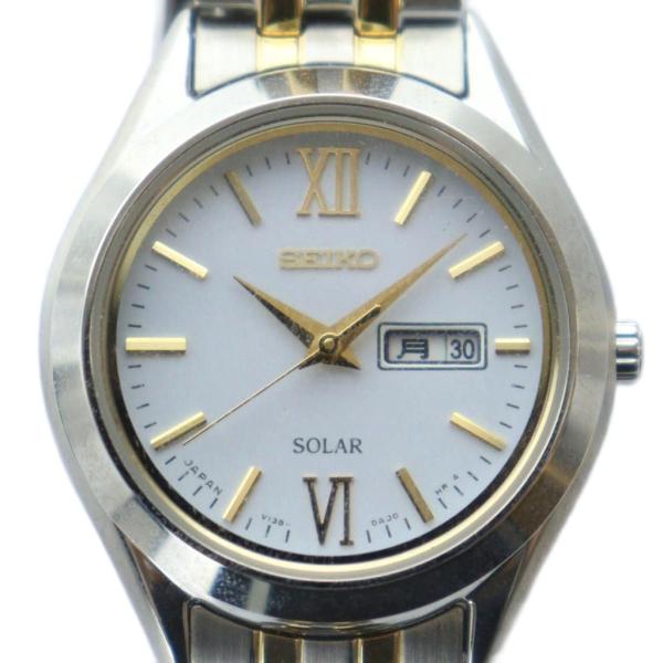 セイコー SEIKO 腕時計 ウォッチ ソーラー カレンダー付き 白文字盤 ロゴ シルバー色 ゴール...