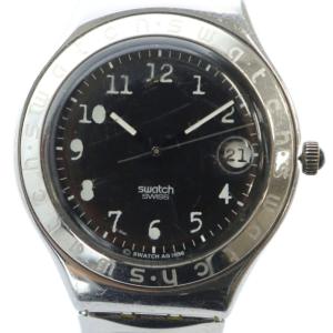 スウォッチ SWATCH ジャンク品 腕時計 ウォッチ クォーツ カレンダー付き 黒文字盤 ロゴ シルバー色 ■GY18 /MQ メンズ