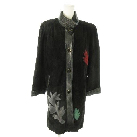 ノーブランド レザーコート ロング丈 ハイネック スエード ラムレザー ピッグスキン ワンポイント ...