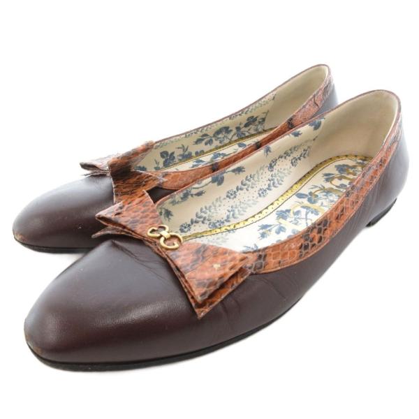 グッチ GUCCI フラットパンプス バレエシューズ レザー ロゴ リボン 39 25.5cm 茶 ...