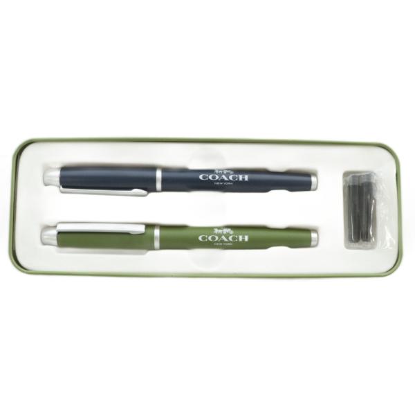 コーチ COACH 万年筆 ボールペン 2本セット 文房具 筆記用具 ロゴ 紺 ネイビー 緑 グリー...