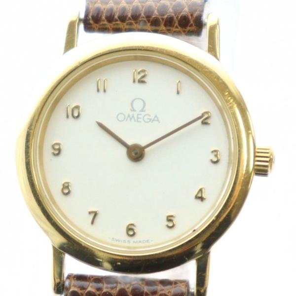 オメガ OMEGA 腕時計 ウォッチ クォーツ ロゴ 白文字盤 リザード レザーベルト ゴールド色 ...