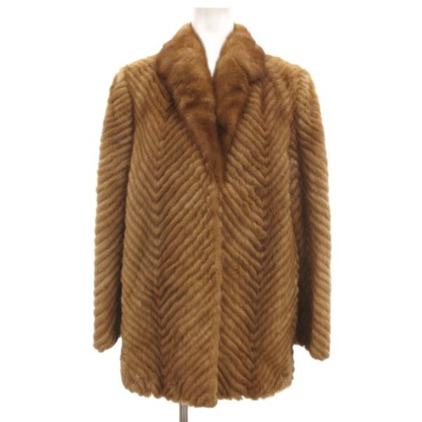ノーブランド ファーコート ミンク 毛皮 ミドル丈 ストライプ 11 茶 ブラウン /JS ■GY1...