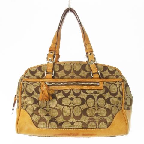 コーチ COACH ハンドバッグ ミニボストン キャンバス レザー 革 シグネチャー タッセル 茶 ...