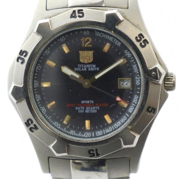 エルジン ELGIN  FK-1128-C 腕時計 ウォッチ ソーラー カレンダー付き ロゴ シルバ...