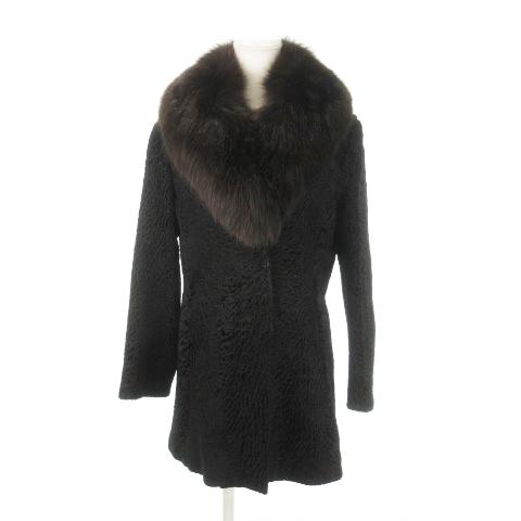 ファーコート カラクールラム 毛皮 ビッグカラー フォックスファー ミドル丈 11 黒 ブラック /...