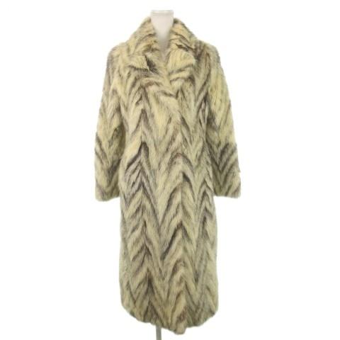ノーブランド ファーコート ラクーン 毛皮 クリーム ベージュ ブラウン ジグザグ柄 /AH12 ■...