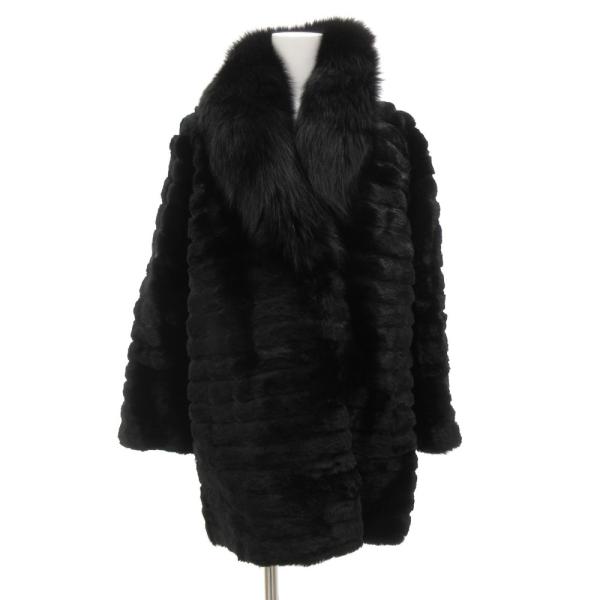 ノーブランド ファーコート シェアードミンク 襟フォックス 毛皮 ミドル丈 9 黒 ブラック /JS...