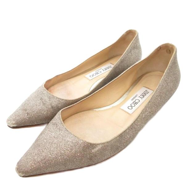 ジミーチュウ JIMMY CHOO パンプス フラットシューズ ラメ ポインテッドトゥ 35 シルバ...
