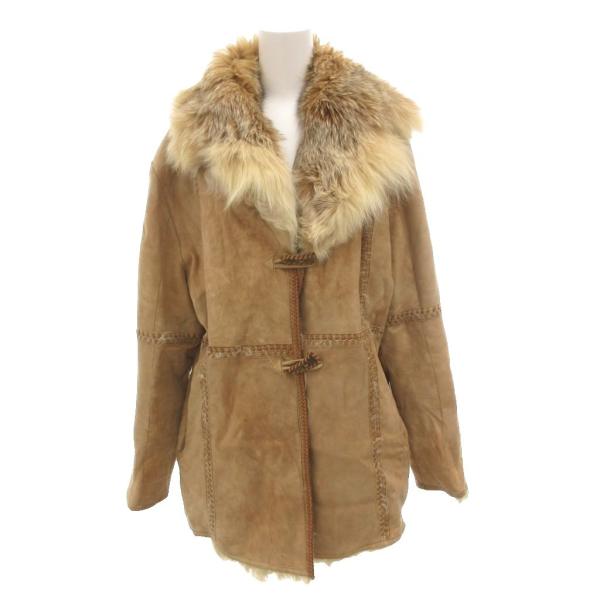 ノーブランド ラムファーコート ジャケット  襟フォックス 毛皮 スエード ミックス ショート 40...