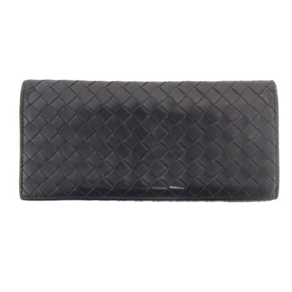 ボッテガヴェネタ BOTTEGA VENETA イントレチャート 二つ折り 長財布 レザー 紺 ネイ...