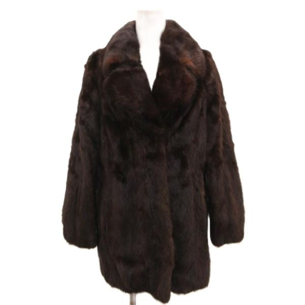 ノーブランド ファーコート ミンク 毛皮 ミドル丈 茶 ブラウン /JS ■GY18 レディース