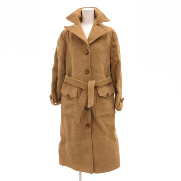 ノーブランド スタンドカラーコート 立ち襟 キャメル100％ ベルト付 ベージュ 茶 ブラウン /J...