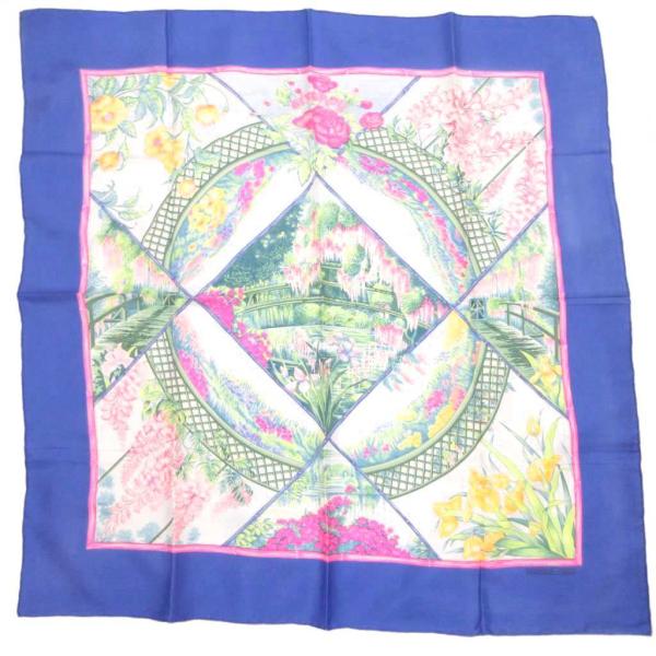 エルメス HERMES 美品 カレ90 GIVERNY 庭 スカーフ 花柄 ロゴ 青 ブルー 白 ホ...