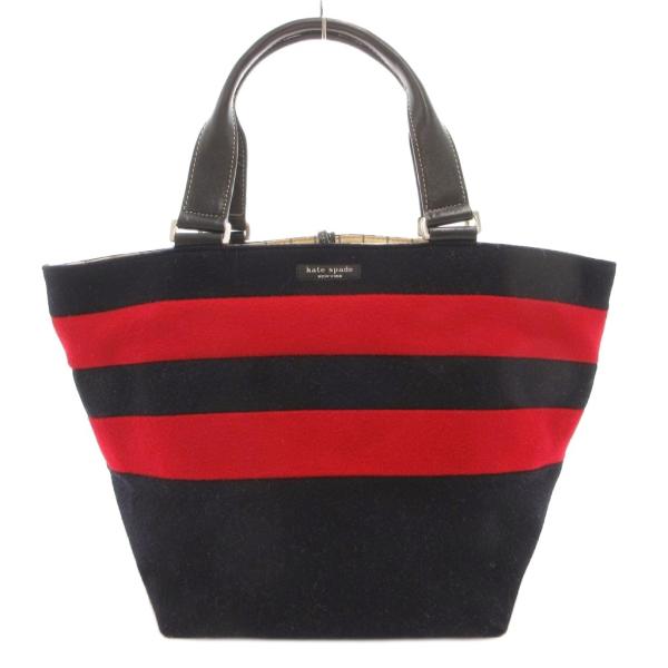 ケイトスペード KATE SPADE トートバッグ 手提げ ボーダー柄 ロゴ 裏地チェック ウール ...