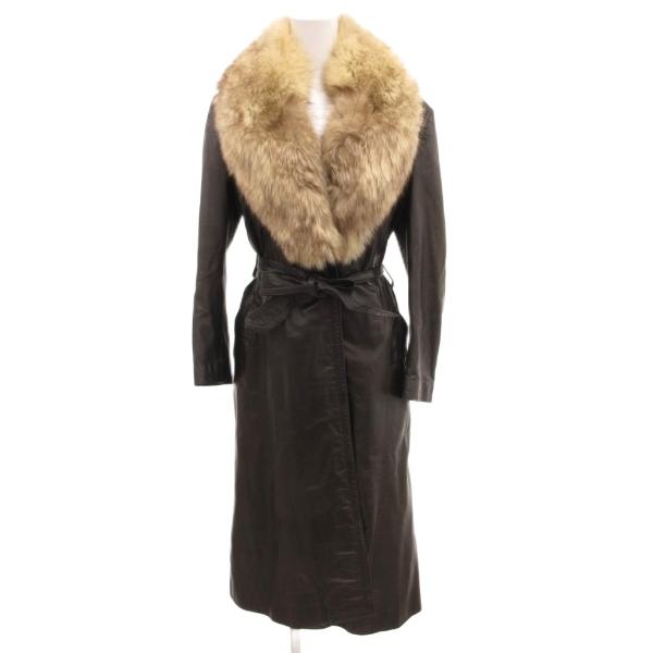 ノーブランド レザーコート ロング フォックスファー 毛皮 9 茶 ブラウン /JS ■GY18 メ...