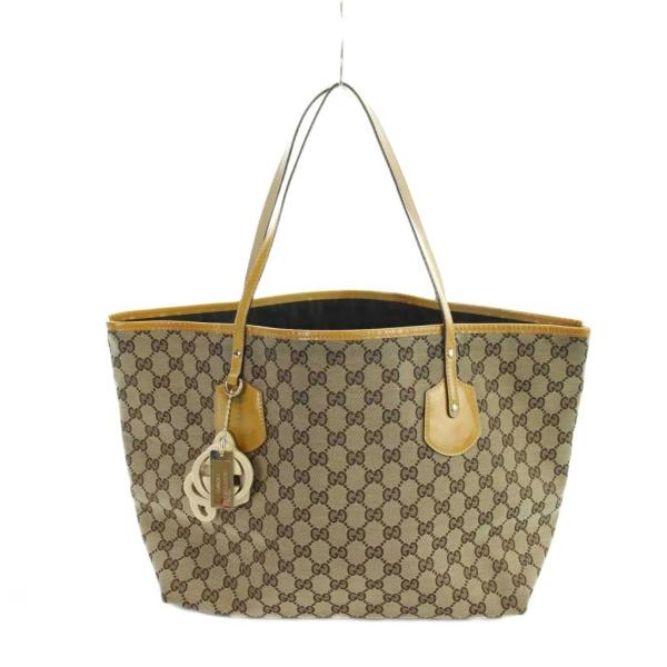 グッチ GUCCI トートバッグ ハンド GGキャンバス レザー チャーム ハート 茶 ブラウン ■...