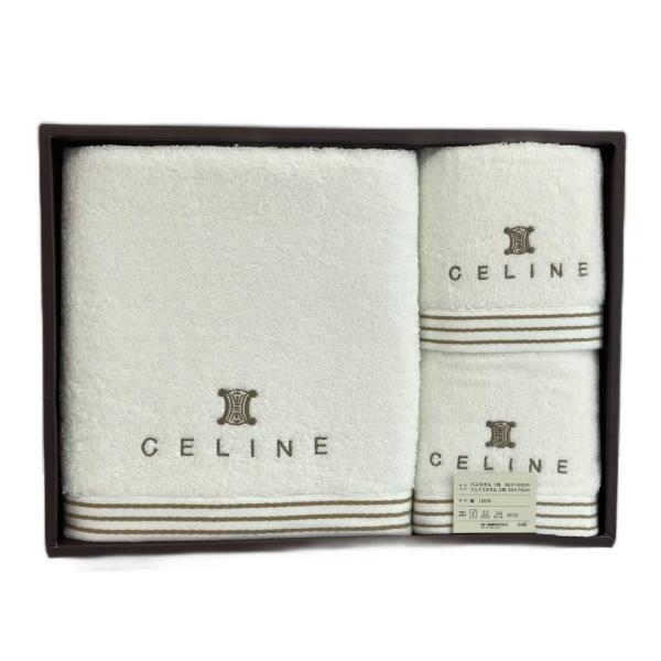 未使用品 セリーヌ CELINE バスタオル フェイスタオル 3点セット ロゴ 刺繍 白 ホワイト ...