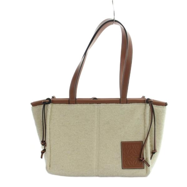 ロエベ LOEWE クッショントート ハンド レザー ウール アナグラム ロゴ 茶 ブラウン ■GY...