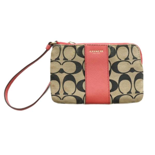 コーチ COACH シグネチャー ポーチ リストレット キャンバス レザー ベージュ 黒 ブラック ...