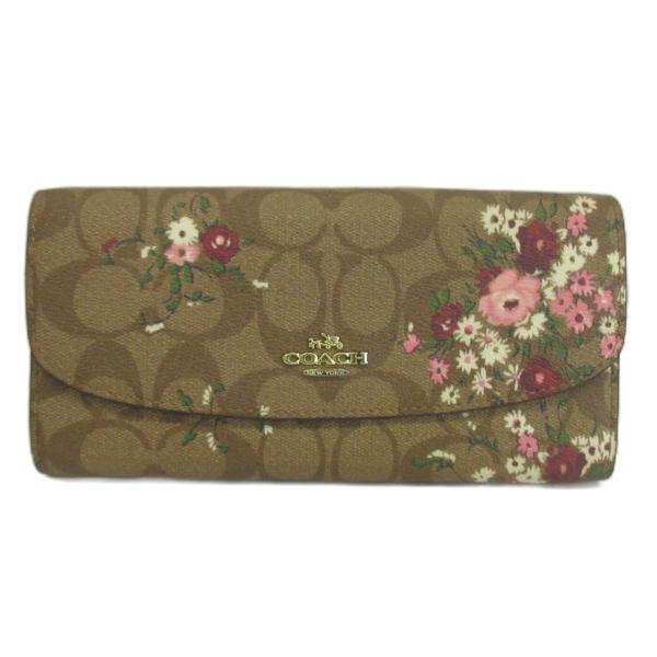 コーチ COACH 長財布 二つ折り PVC レザー シグネチャー 花柄 ロゴ ゴールド金具 茶色 ...