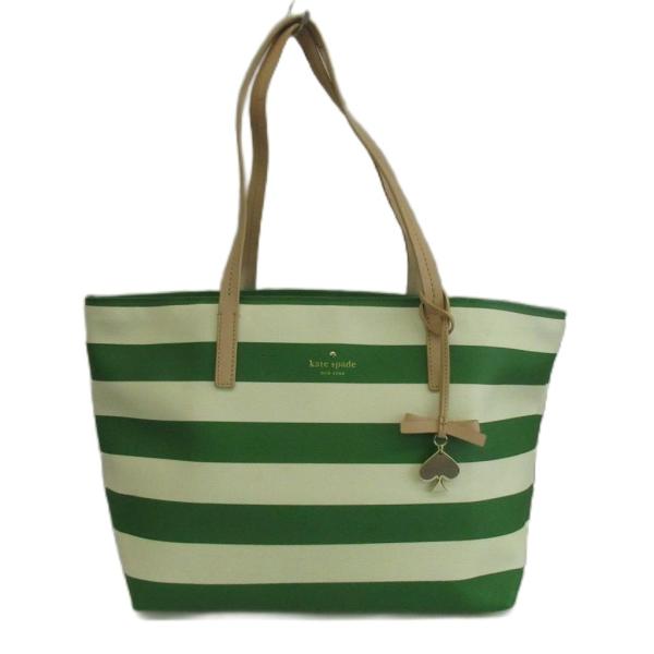 ケイトスペード KATE SPADE トートバッグ 肩掛け PVC レザー ボーダー柄 ロゴ 緑 グ...