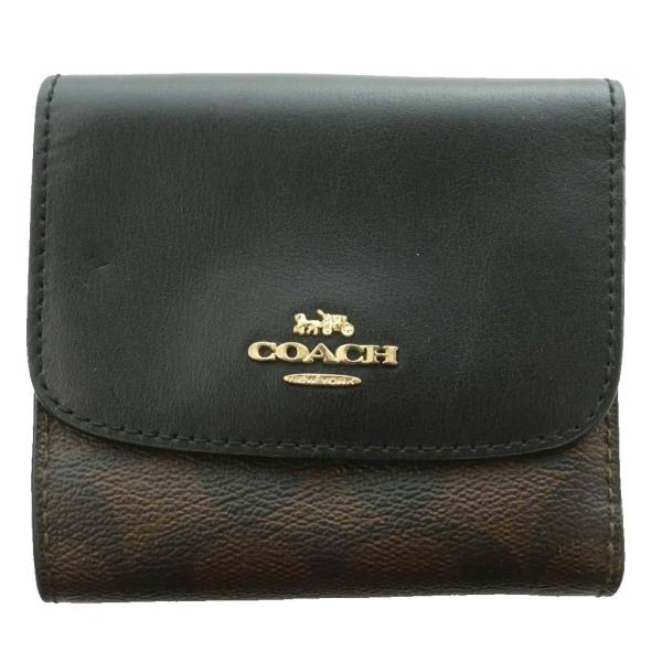 コーチ COACH 三つ折り財布 シグネチャー コンパクトウォレット ロゴ キャンバス レザー 茶 ...