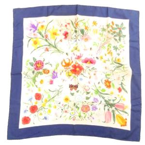 グッチ GUCCI ヴィンテージ オールド スカーフ チーフ 花がら 紺 ネイビー /JS ■GY18 レディース