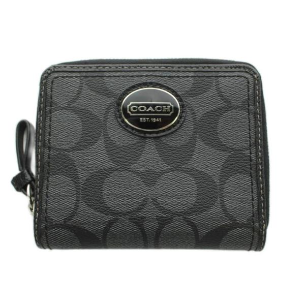 コーチ COACH シグネチャー 財布 二つ折り ラウンドファスナー 小銭入れ PVC レザー 黒 ...